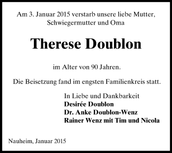 Traueranzeige von Therese Doublon von Rüsselsheimer Echo, Groß-Gerauer-Echo, Ried Echo