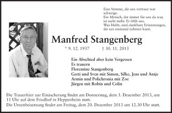 Traueranzeige von Manfred Stangenberg von Starkenburger Echo