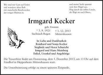 Traueranzeige von Irmgard Kecker von Starkenburger Echo