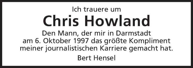  Traueranzeige für Chris Howland vom 04.12.2013 aus Echo-Zeitungen (Gesamtausgabe)