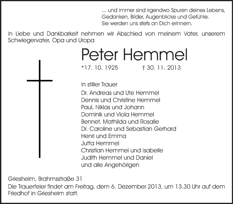  Traueranzeige für Peter Hemmel vom 04.12.2013 aus Echo-Zeitungen (Gesamtausgabe)