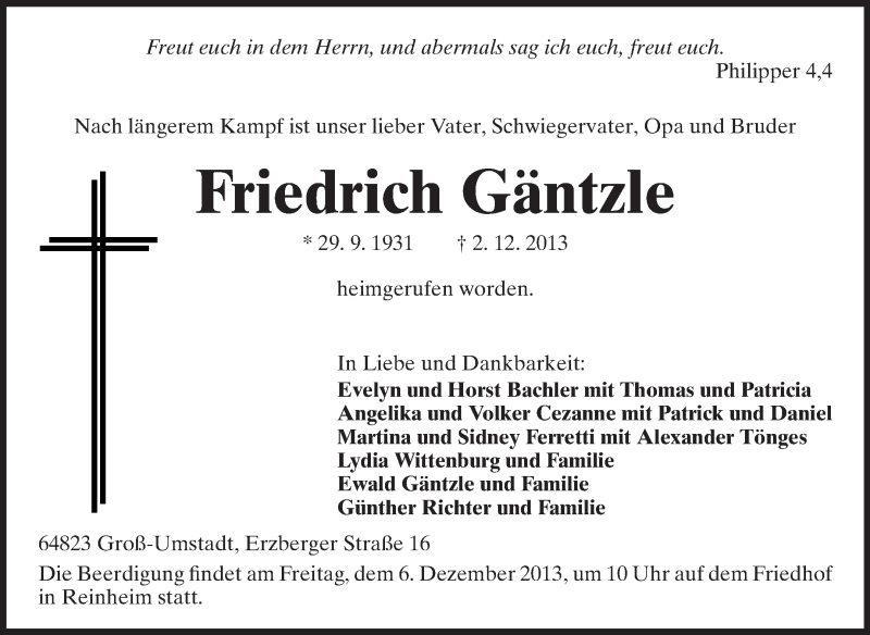  Traueranzeige für Friedrich Gäntzle vom 04.12.2013 aus Echo-Zeitungen (Gesamtausgabe)