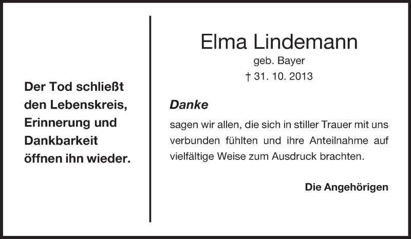  Traueranzeige für Elma Lindemann vom 04.12.2013 aus Rüsselsheimer Echo, Groß-Gerauer-Echo, Ried Echo
