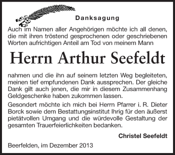Traueranzeige von Arthur Seefeldt von Odenwälder Echo