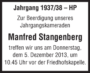 Traueranzeige von Manfred Stangenberg von Starkenburger Echo
