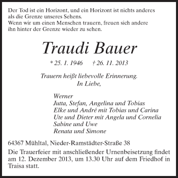 Traueranzeige von Traudi Bauer von Echo-Zeitungen (Gesamtausgabe)