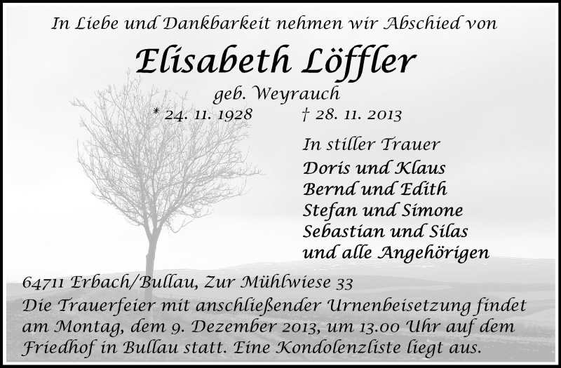  Traueranzeige für Elisabeth Löffler vom 04.12.2013 aus Odenwälder Echo