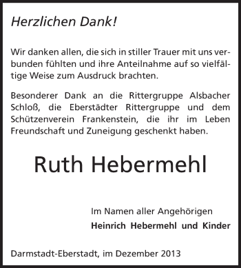 Traueranzeige von Ruth Hebermehl von Echo-Zeitungen (Gesamtausgabe)