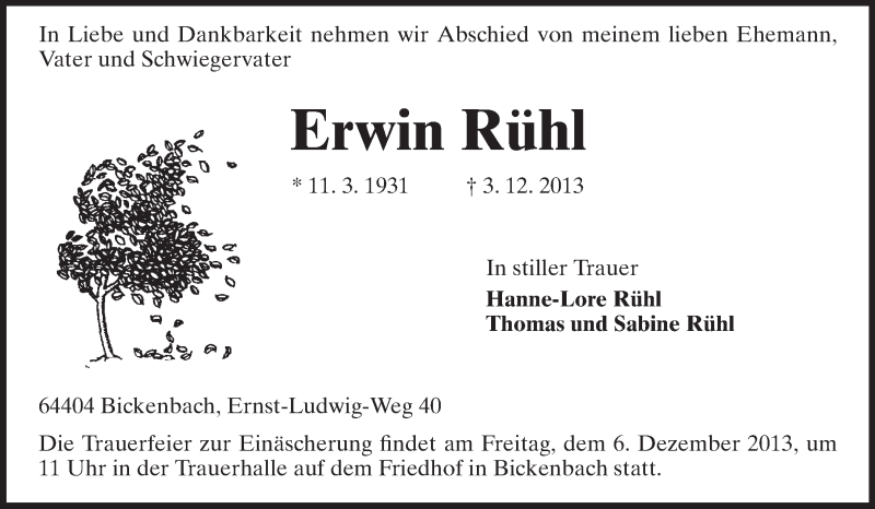  Traueranzeige für Erwin Rühl vom 04.12.2013 aus Echo-Zeitungen (Gesamtausgabe)
