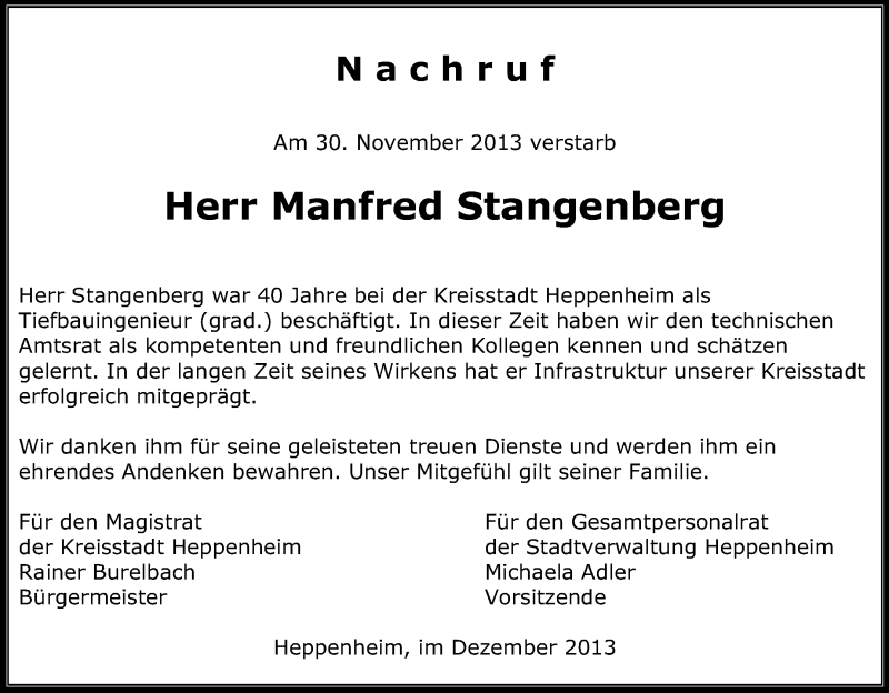  Traueranzeige für Manfred Stangenberg vom 04.12.2013 aus Starkenburger Echo