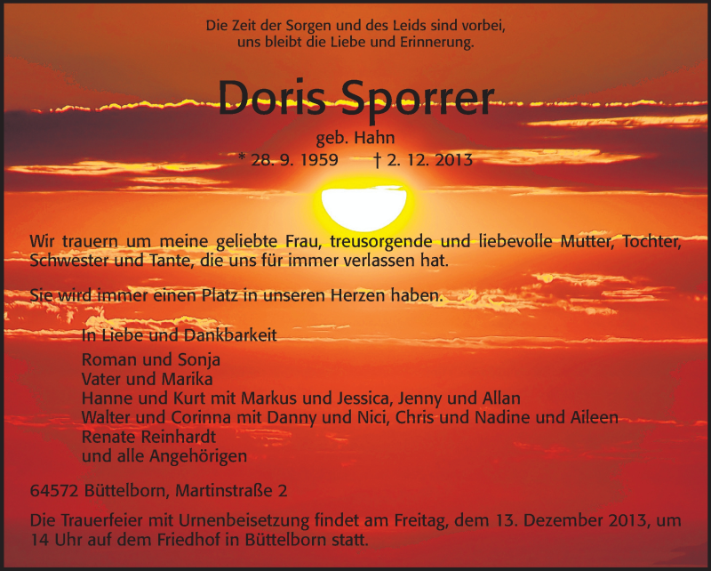 Traueranzeige für Doris Sporrer vom 09.12.2013 aus Rüsselsheimer Echo, Groß-Gerauer-Echo, Ried Echo