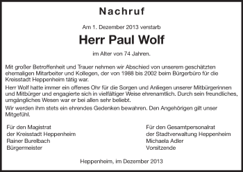 Traueranzeige von Paul Wolf von Starkenburger Echo