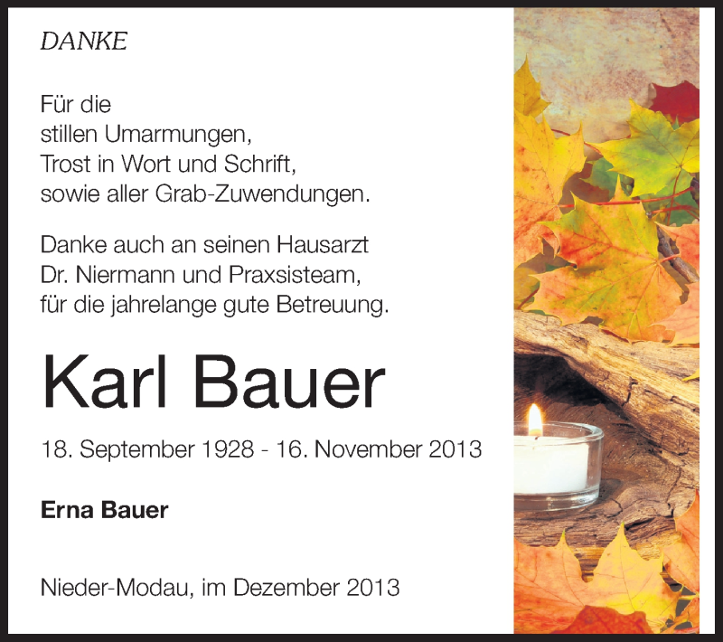  Traueranzeige für Karl Bauer vom 07.12.2013 aus Echo-Zeitungen (Gesamtausgabe)