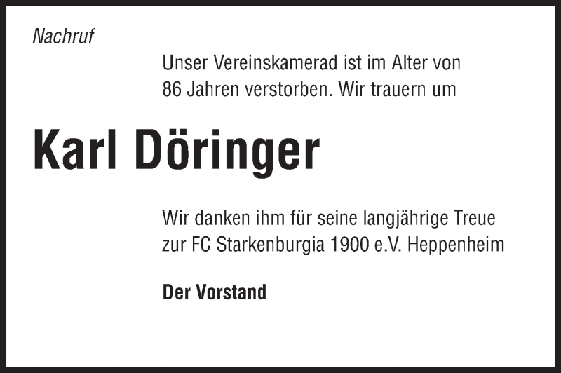  Traueranzeige für Karl Döringer vom 05.12.2013 aus Starkenburger Echo