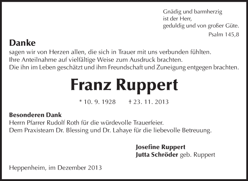  Traueranzeige für Franz Ruppert vom 07.12.2013 aus Starkenburger Echo