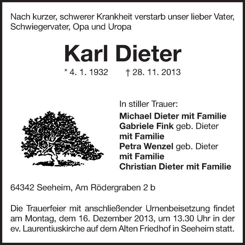  Traueranzeige für Karl Dieter vom 07.12.2013 aus Echo-Zeitungen (Gesamtausgabe)