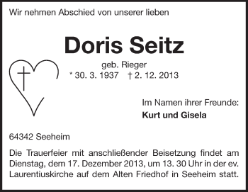 Traueranzeige von Doris Seitz von Echo-Zeitungen (Gesamtausgabe)
