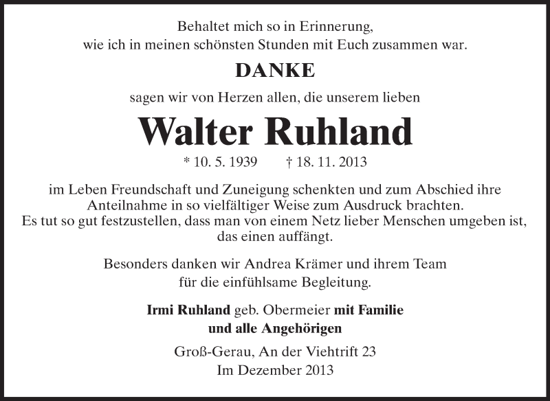  Traueranzeige für Walter Ruhland vom 14.12.2013 aus Rüsselsheimer Echo, Groß-Gerauer-Echo, Ried Echo