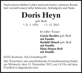 Traueranzeige von Doris Heyn von Echo-Zeitungen (Gesamtausgabe)