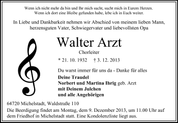 Traueranzeige von Walter Arzt von Odenwälder Echo