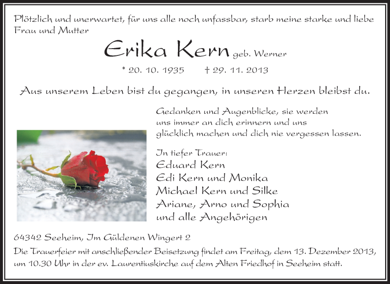  Traueranzeige für Erika Kern vom 07.12.2013 aus Echo-Zeitungen (Gesamtausgabe)