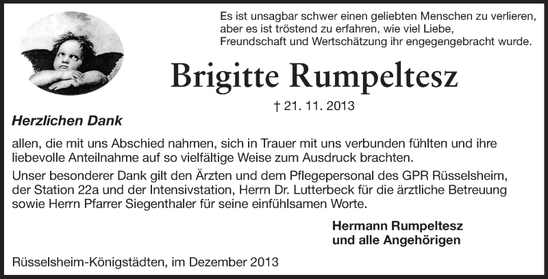  Traueranzeige für Brigitte Rumpeltesz vom 07.12.2013 aus Rüsselsheimer Echo, Groß-Gerauer-Echo, Ried Echo