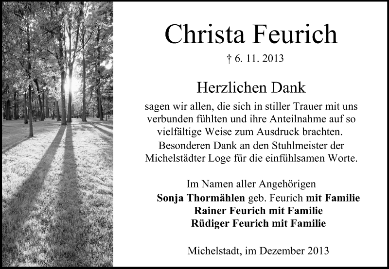  Traueranzeige für Christa Feurich vom 07.12.2013 aus Odenwälder Echo