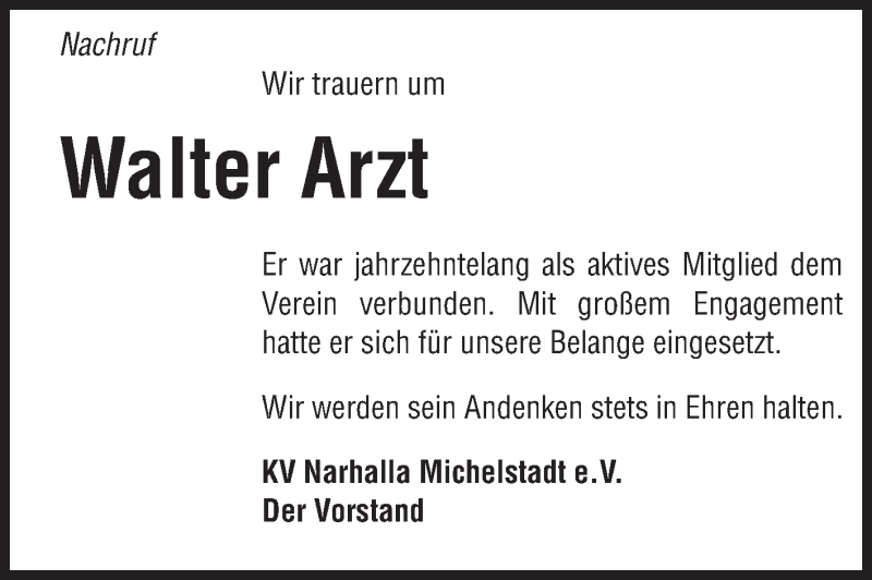  Traueranzeige für Walter Arzt vom 07.12.2013 aus Odenwälder Echo
