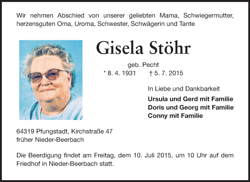  Traueranzeige für Gisela Stöhr vom 08.07.2015 aus Echo-Zeitungen (Gesamtausgabe)