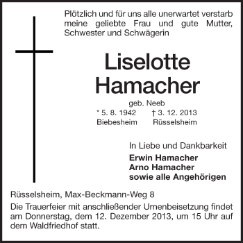 Traueranzeige von Liselotte Hamacher von Rüsselsheimer Echo, Groß-Gerauer-Echo, Ried Echo