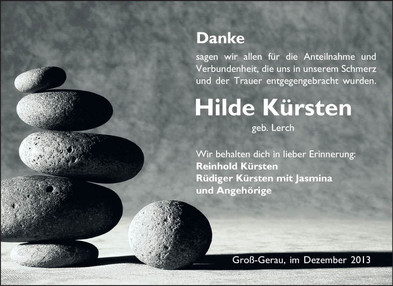  Traueranzeige für Hilde Kürsten vom 07.12.2013 aus Rüsselsheimer Echo, Groß-Gerauer-Echo, Ried Echo