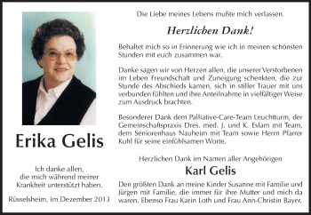 Traueranzeige von Erika Gelis von Rüsselsheimer Echo, Groß-Gerauer-Echo, Ried Echo