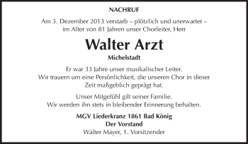 Traueranzeige von Walter Arzt von Odenwälder Echo