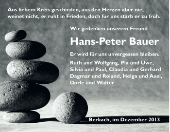Traueranzeige von Hans-Peter Bauer von Rüsselsheimer Echo, Groß-Gerauer-Echo, Ried Echo
