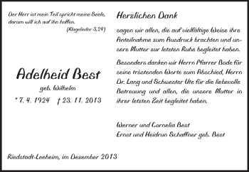 Traueranzeige von Adelheid Best von Rüsselsheimer Echo, Groß-Gerauer-Echo, Ried Echo