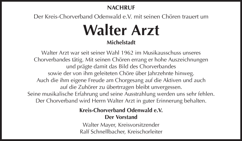  Traueranzeige für Walter Arzt vom 09.12.2013 aus Odenwälder Echo