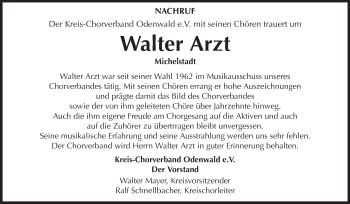 Traueranzeige von Walter Arzt von Odenwälder Echo