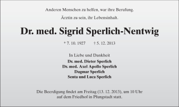 Traueranzeige von Sigrid Sperlich-Nentwig von Echo-Zeitungen (Gesamtausgabe)