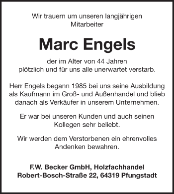 Traueranzeige von Marc Engels von Darmstädter Echo, Odenwälder Echo, Rüsselsheimer Echo, Groß-Gerauer-Echo, Ried Echo