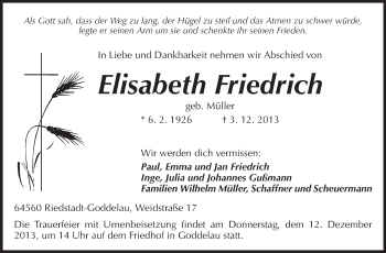 Traueranzeige von Elisabeth Friedrich von Rüsselsheimer Echo, Groß-Gerauer-Echo, Ried Echo