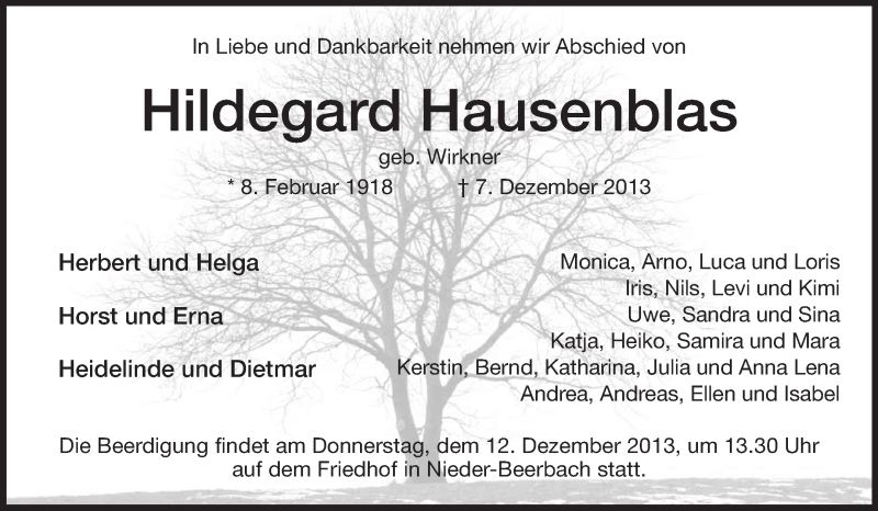  Traueranzeige für Hildegard Hausenblas vom 10.12.2013 aus Echo-Zeitungen (Gesamtausgabe)