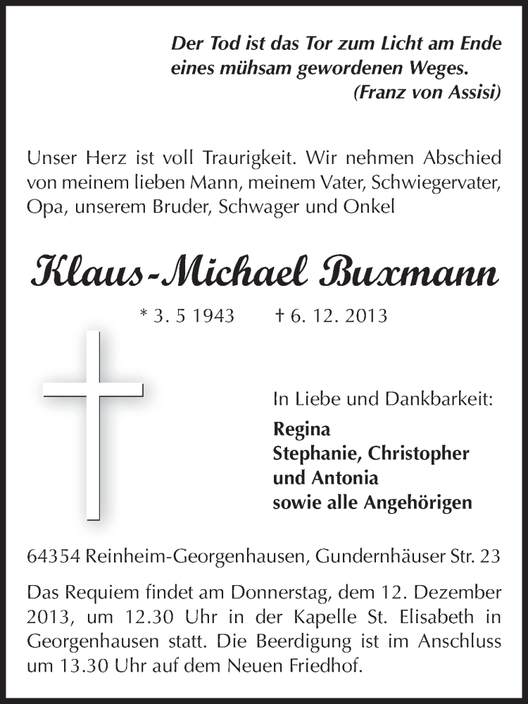  Traueranzeige für Klaus-Michael Buxmann vom 09.12.2013 aus Echo-Zeitungen (Gesamtausgabe)