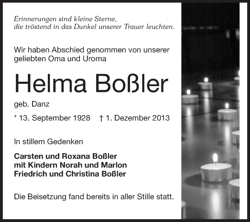  Traueranzeige für Helma Boßler vom 10.12.2013 aus Echo-Zeitungen (Gesamtausgabe)
