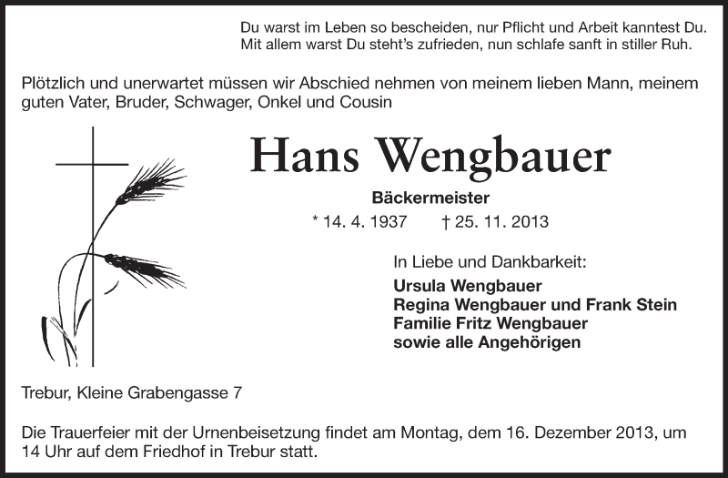  Traueranzeige für Hans Wengbauer vom 11.12.2013 aus Rüsselsheimer Echo, Groß-Gerauer-Echo, Ried Echo