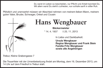 Traueranzeige von Hans Wengbauer von Rüsselsheimer Echo, Groß-Gerauer-Echo, Ried Echo