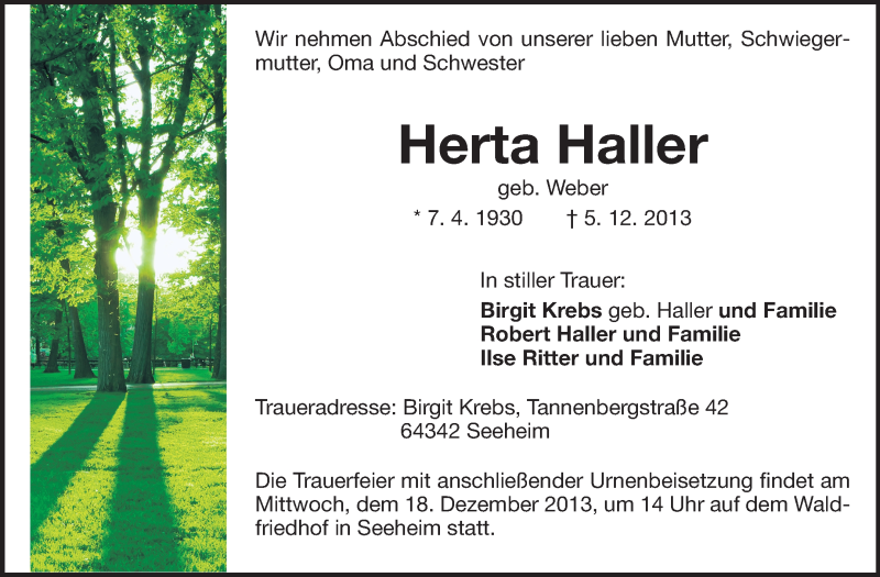  Traueranzeige für Ross Haller vom 11.12.2013 aus Echo-Zeitungen (Gesamtausgabe)