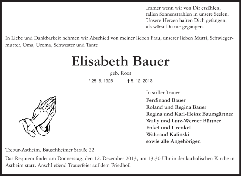  Traueranzeige für Elisabeth Bauer vom 10.12.2013 aus Rüsselsheimer Echo, Groß-Gerauer-Echo, Ried Echo