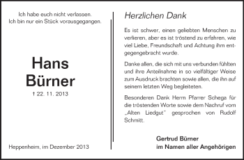 Traueranzeige von Hans Bürner von Starkenburger Echo