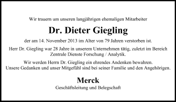 Traueranzeige von Dieter Giegling von Echo-Zeitungen (Gesamtausgabe)
