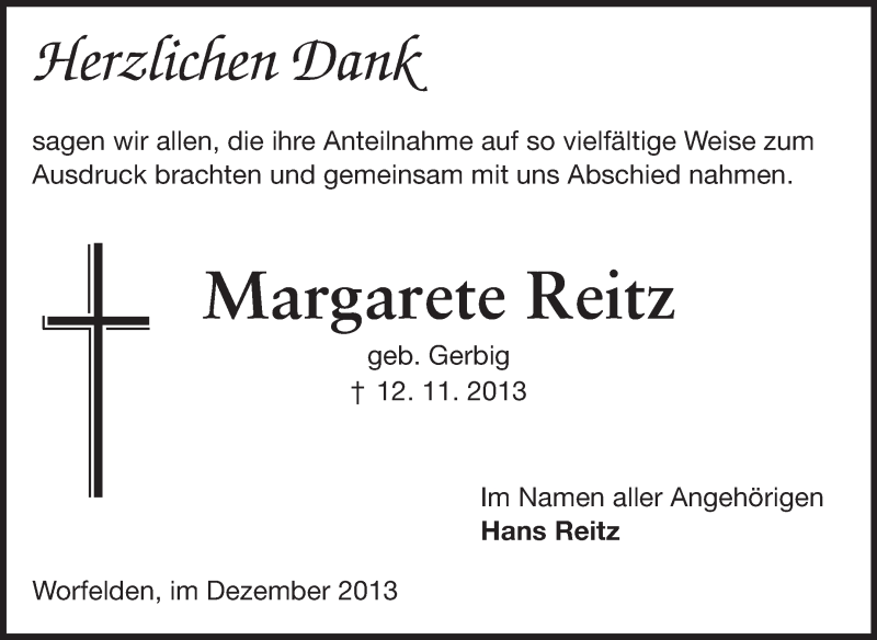  Traueranzeige für Margarete Reitz vom 14.12.2013 aus Rüsselsheimer Echo, Groß-Gerauer-Echo, Ried Echo